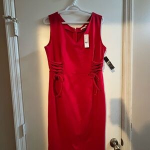 New York & Company Red Ruched Sheath Midi Dress